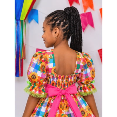 Vestido Infantil Junino Arraiá Colorido Girassol Luxo