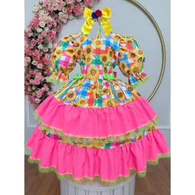 Vestido Infantil Junino Arraiá Colorido Girassol Luxo