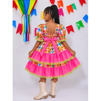 Vestido Infantil Junino Arraiá Colorido Girassol Luxo