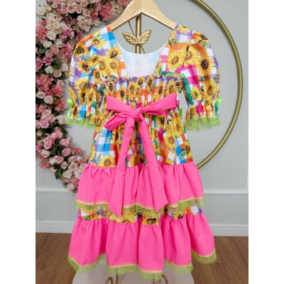 Vestido Infantil Junino Arraiá Colorido Girassol Luxo