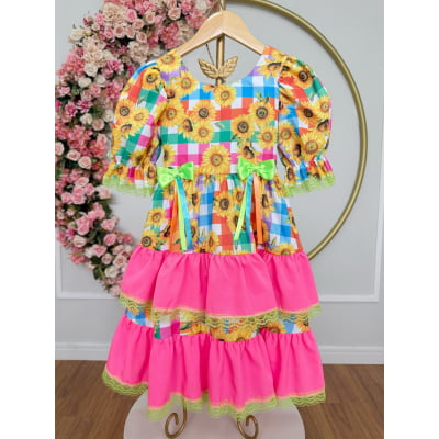 Vestido Infantil Junino Arraiá Colorido Girassol Luxo