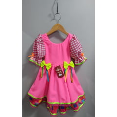 Vestido Infantil Junino Arraiá Colorido Xadrez Rosa Neon