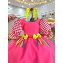 Vestido Infantil Junino Arraiá Colorido Xadrez Rosa Neon