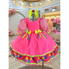 Vestido Infantil Junino Arraiá Colorido Xadrez Rosa Neon