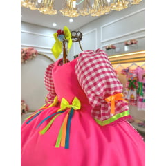Vestido Infantil Junino Arraiá Colorido Xadrez Rosa Neon
