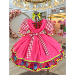 Vestido Infantil Junino Arraiá Colorido Xadrez Rosa Neon