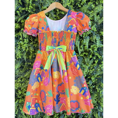 Vestido Infantil Junino Arraiá Cor Laranja Festa São João