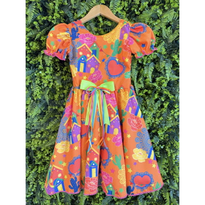 Vestido Infantil Junino Arraiá Cor Laranja Festa São João