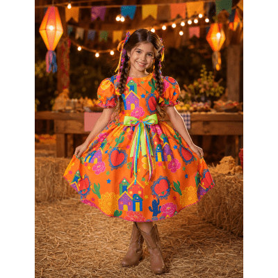 Vestido Infantil Junino Arraiá Cor Laranja Festa São João