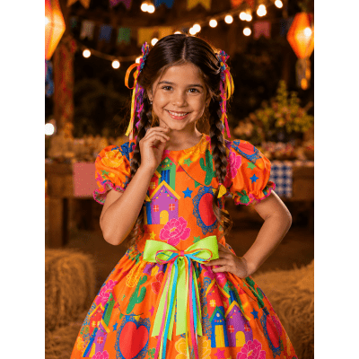 Vestido Infantil Junino Arraiá Cor Laranja Festa São João