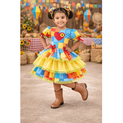Vestido Infantil Junino Arraiá Festa Capira Xadrez Colorido