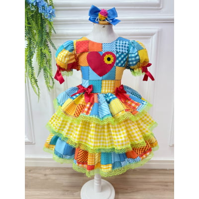 Vestido Infantil Junino Arraiá Festa Capira Xadrez Colorido