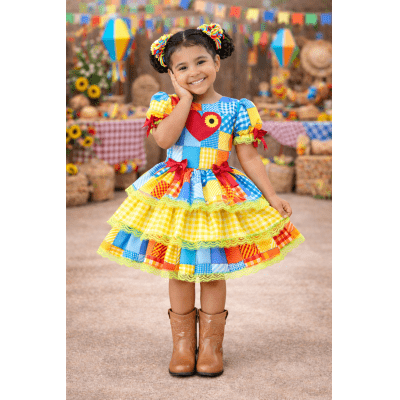 Vestido Infantil Junino Arraiá Festa Capira Xadrez Colorido Vestido Infantil Junino Arraiá Festa Capira Xadrez Colorido