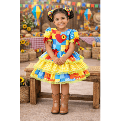 Vestido Infantil Junino Arraiá Festa Capira Xadrez Colorido