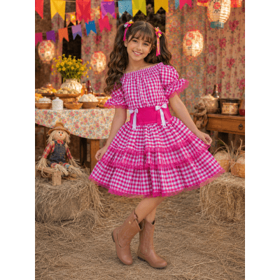 Vestido Infantil Junino Arraiá Festas Pink Xadrez