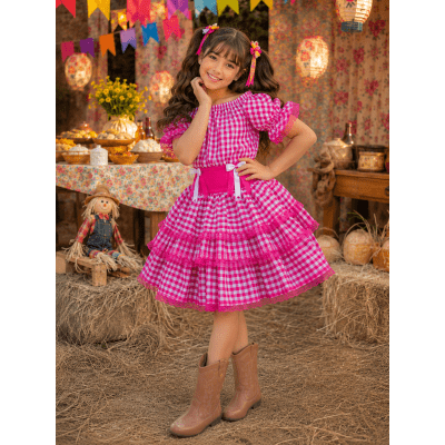 Vestido Infantil Junino Arraiá Festas Pink Xadrez