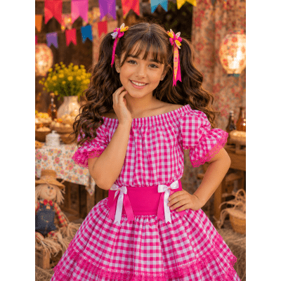 Vestido Infantil Junino Arraiá Festas Pink Xadrez