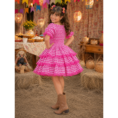 Vestido Infantil Junino Arraiá Festas Pink Xadrez