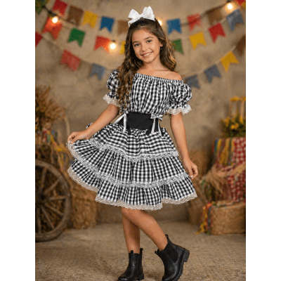 Vestido Infantil Junino Arraiá Festas Preto Xadrez