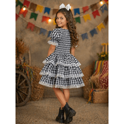 Vestido Infantil Junino Arraiá Festas Preto Xadrez
