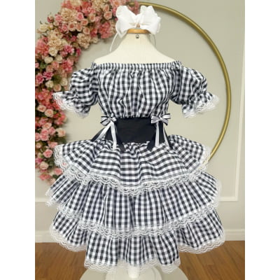 Vestido Infantil Junino Arraiá Festas Preto Xadrez