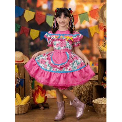 Vestido Infantil Junino Arraiá Festas Rosa Colorido Florzinhas