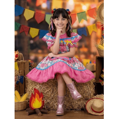 Vestido Infantil Junino Arraiá Festas Rosa Colorido Florzinhas
