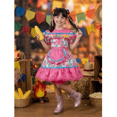 Vestido Infantil Junino Arraiá Festas Rosa Colorido Florzinhas