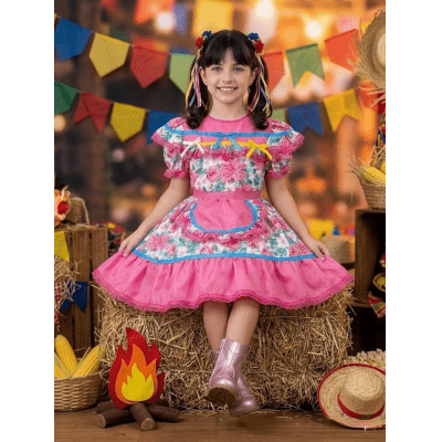 Vestido Infantil Junino Arraiá Festas Rosa Colorido Florzinhas