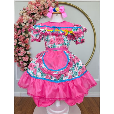 Vestido Infantil Junino Arraiá Festas Rosa Colorido Florzinhas