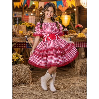 Vestido Infantil Junino Arraiá Festas Vermelho Xadrez