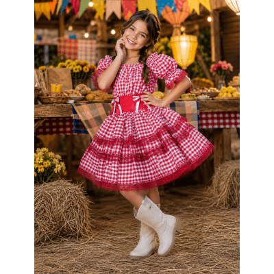 Vestido Infantil Junino Arraiá Festas Vermelho Xadrez