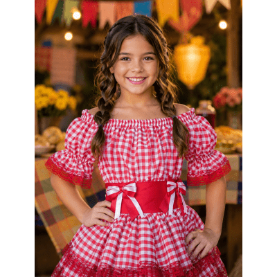 Vestido Infantil Junino Arraiá Festas Vermelho Xadrez