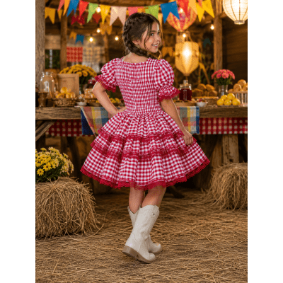 Vestido Infantil Junino Arraiá Festas Vermelho Xadrez