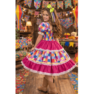Vestido Infantil Junino Arraiá Pink Colorido Xadrez Laços
