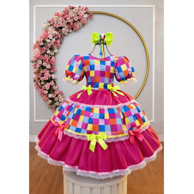 Vestido Infantil Junino Arraiá Pink Colorido Xadrez Laços