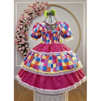Vestido Infantil Junino Arraiá Pink Colorido Xadrez Laços