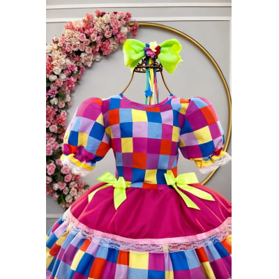 Vestido Infantil Junino Arraiá Pink Colorido Xadrez Laços