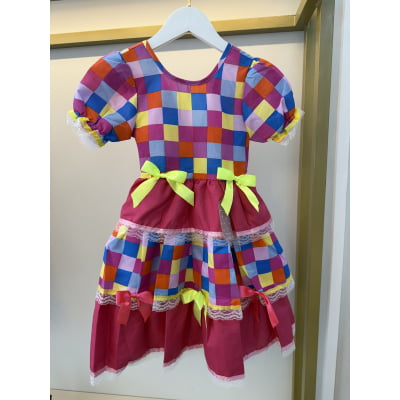 Vestido Infantil Junino Arraiá Pink Colorido Xadrez Laços