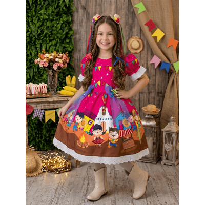 Vestido Infantil Junino Arraiá Pink Festa São João