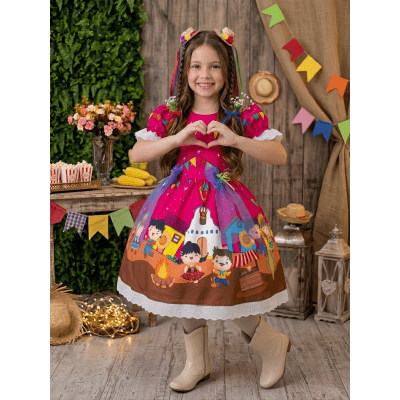 Vestido Infantil Junino Arraiá Pink Festa São João