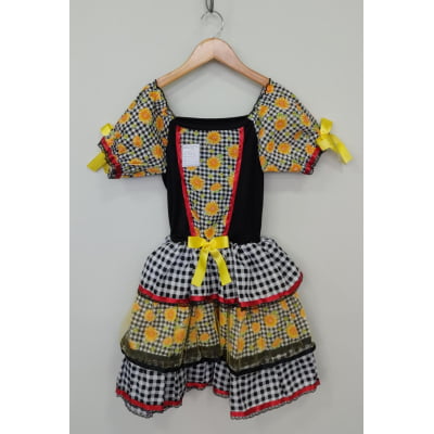 Vestido Infantil Junino Arraiá Preto Xadrez Girassol Babados
