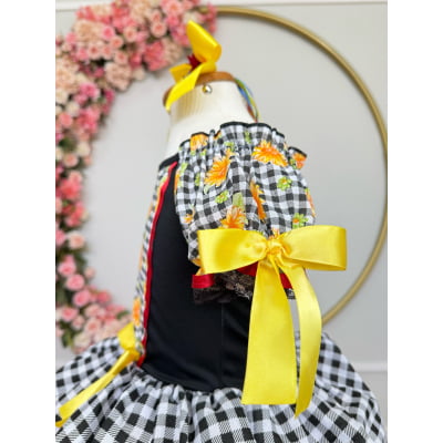 Vestido Infantil Junino Arraiá Preto Xadrez Girassol Babados