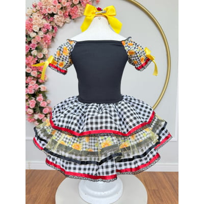 Vestido Infantil Junino Arraiá Preto Xadrez Girassol Babados