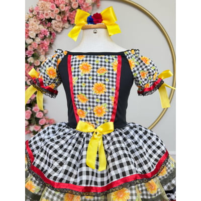 Vestido Infantil Junino Arraiá Preto Xadrez Girassol Babados