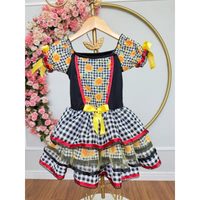 Vestido Infantil Junino Arraiá Preto Xadrez Girassol Babados