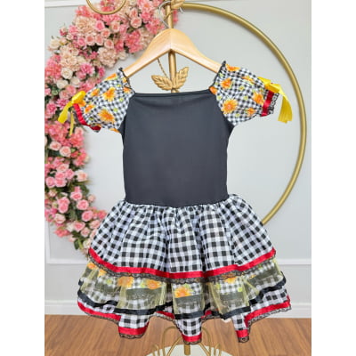Vestido Infantil Junino Arraiá Preto Xadrez Girassol Babados
