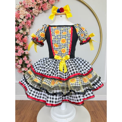 Vestido Infantil Junino Arraiá Preto Xadrez Girassol Babados