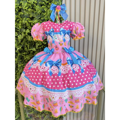 Vestido Infantil Junino Arraiá Rosa Chiclete Festa São João