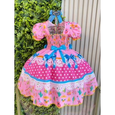 Vestido Infantil Junino Arraiá Rosa Chiclete Festa São João